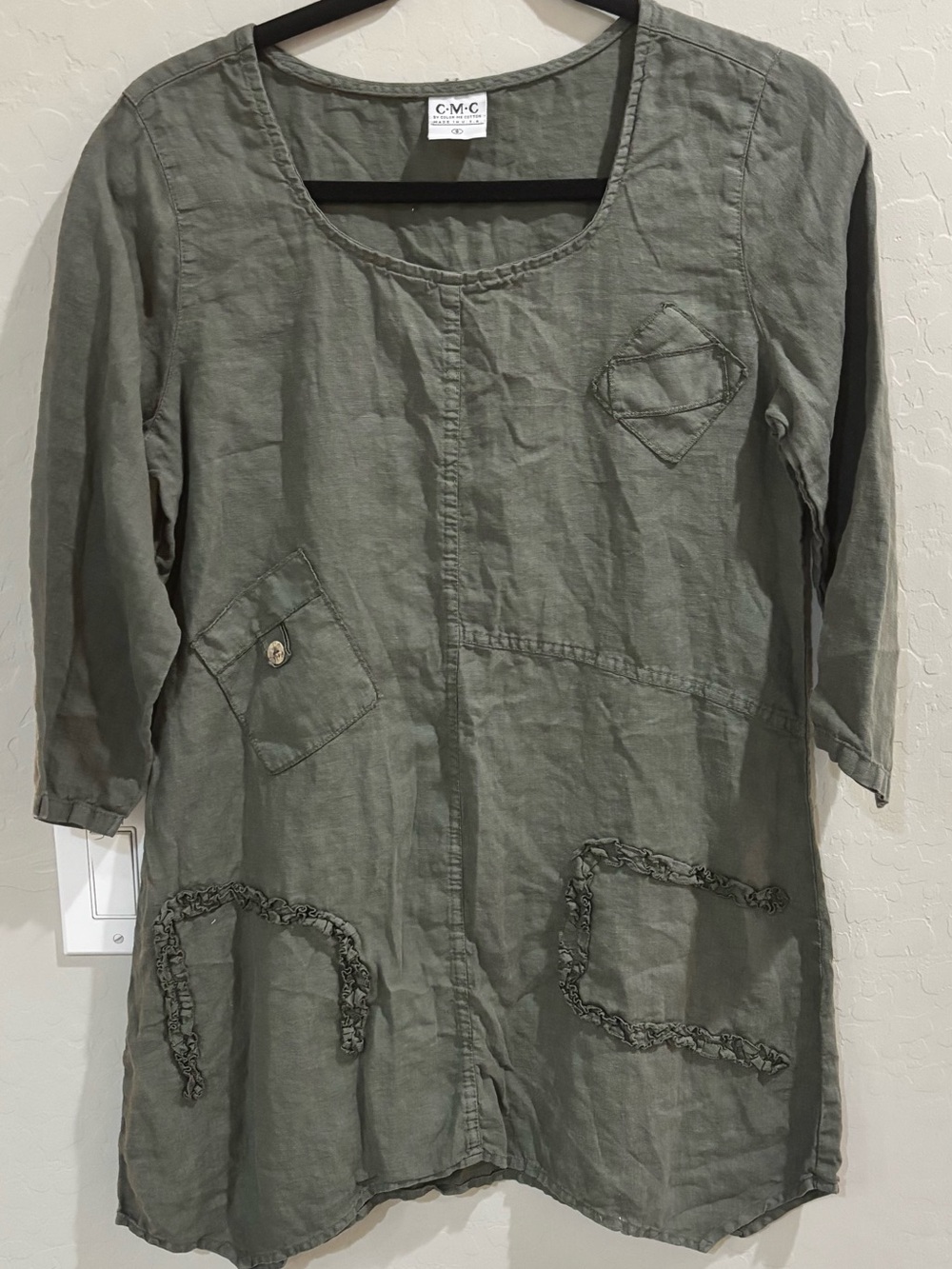 CMC Color Me Cotton 100% Linen Tunic Top Greenish Gray Ruffle Lagenlook Boho S